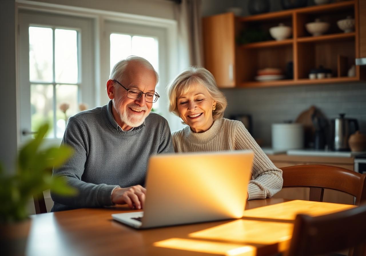 A couple smiling while using a laptop together at home